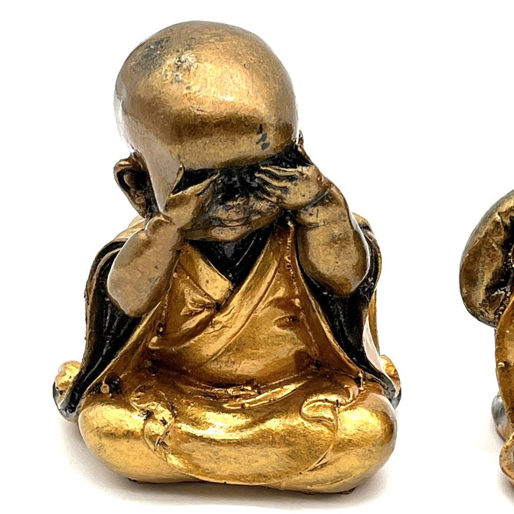 Set of 3 Baby Monk Figurines Hear See Speak No Evil Gold Resin Statues 3" - Picture 2 of 11